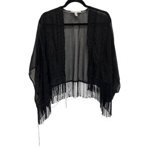 BCBGeneration Kimono Top OS Sheer Black Fringe Embroidered Witchy Whimsigoth